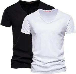 2 Pack Men's Big and Tall Cotton T-Shirt Summer Short Sleeve V-Neck Fitted Solid Casual Gym Workout Muscle Tees Shirt