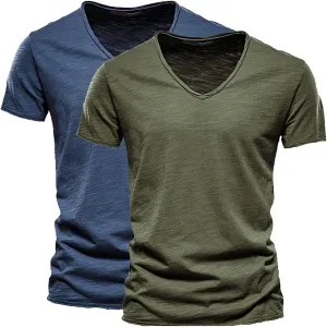 2 Pack Men's Big and Tall Cotton T-Shirt Summer Short Sleeve V-Neck Fitted Solid Casual Gym Workout Muscle Tees Shirt