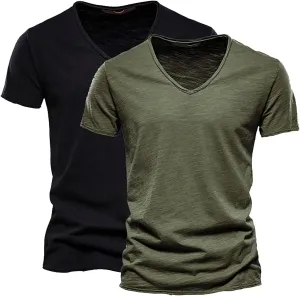 2 Pack Men's Big and Tall Cotton T-Shirt Summer Short Sleeve V-Neck Fitted Solid Casual Gym Workout Muscle Tees Shirt
