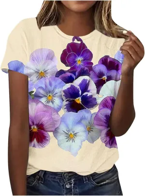 Alzheimers Awareness Shirts Women Summer Floral Print Tops O Neck Short Sleeve Lightweight Breathable Basic Clothing