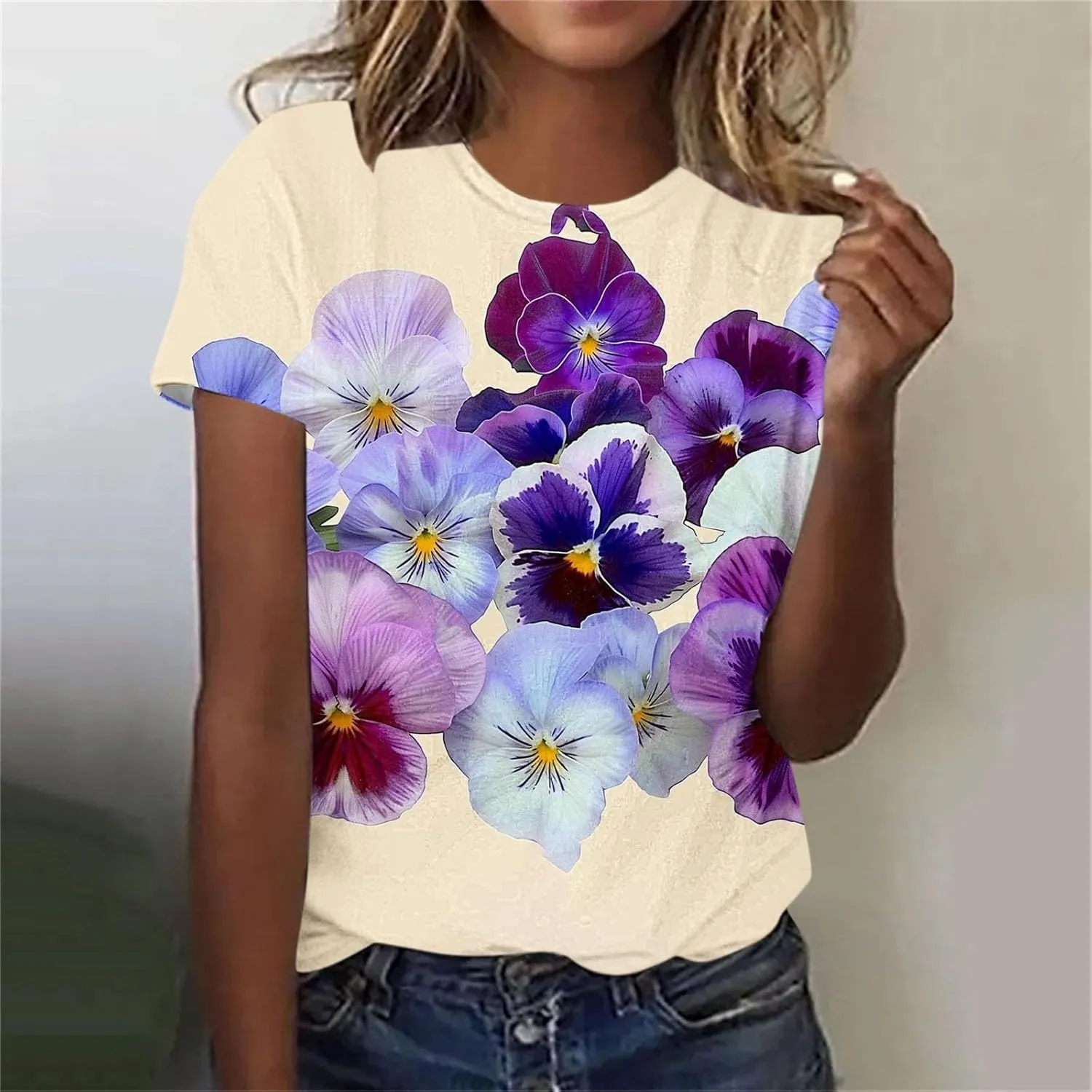 Alzheimers Awareness Shirts Women Summer Floral Print Tops O Neck Short Sleeve Lightweight Breathable Basic Clothing