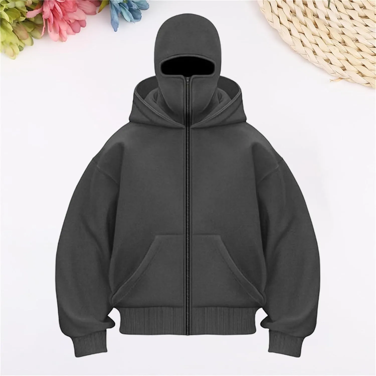 Balaclava Hoodie Men Oversized Cool Zip Up Hoodies with Windproof Balaclava Snowboarding Ski Sweatshirt Streetwear