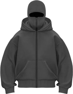 Balaclava Hoodie Men Oversized Cool Zip Up Hoodies with Windproof Balaclava Snowboarding Ski Sweatshirt Streetwear