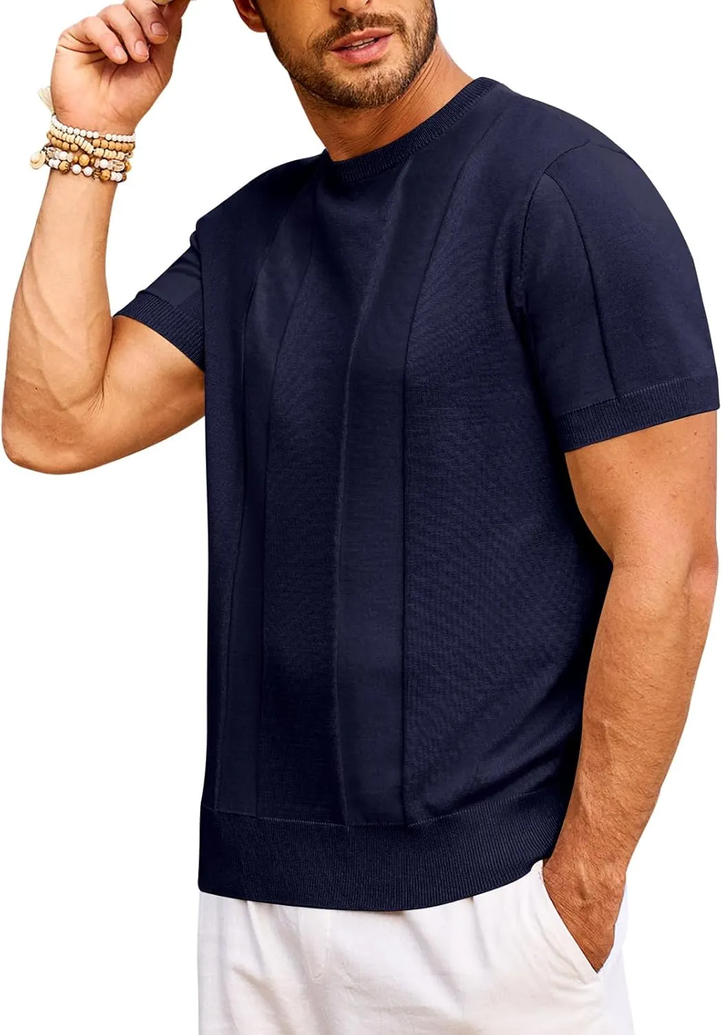 Beotyshow Men's T- Shirts Short Sleeve Knit Sweater Shirt Casual Crewneck Textured Pullover Tees