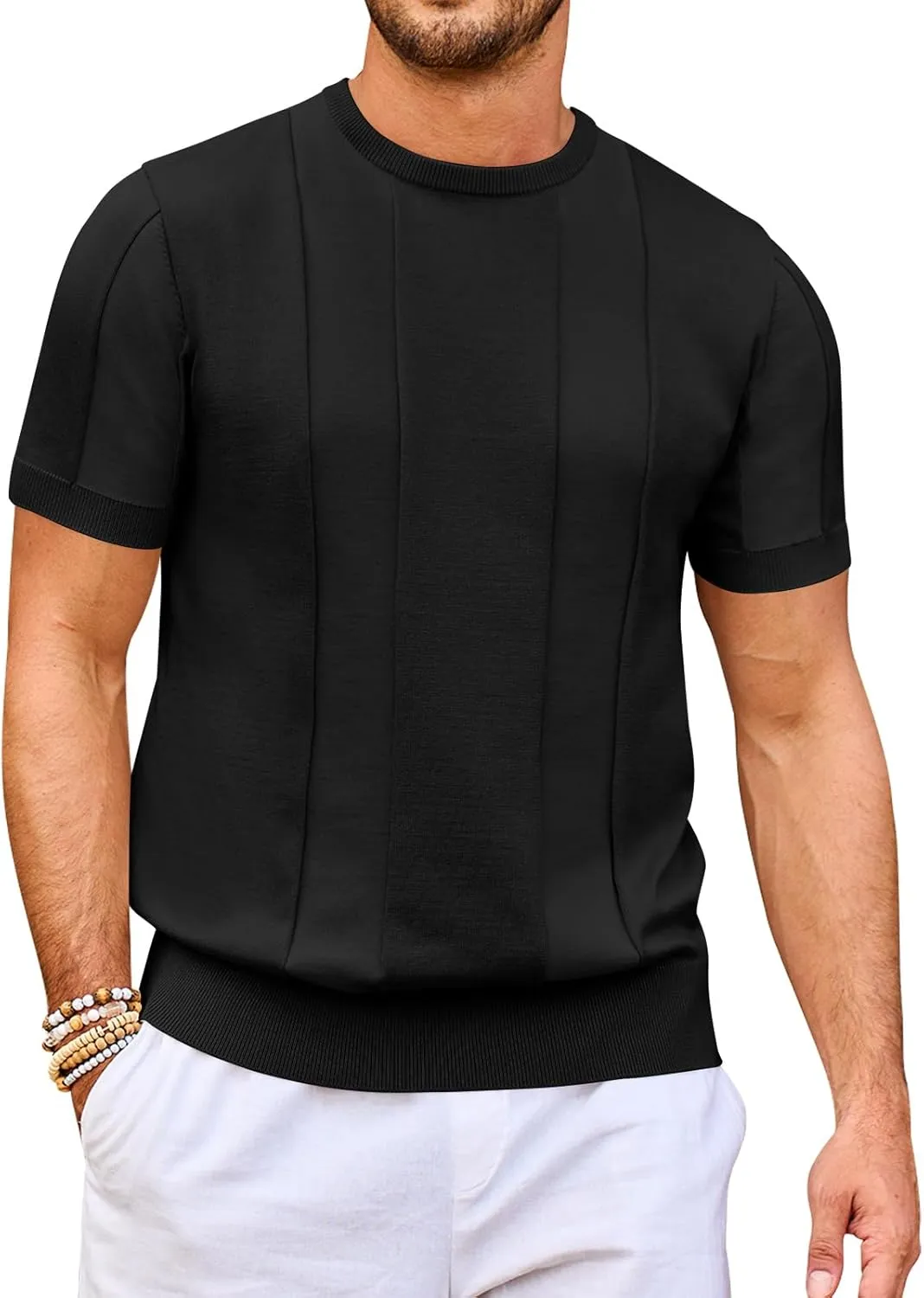 Beotyshow Men's T- Shirts Short Sleeve Knit Sweater Shirt Casual Crewneck Textured Pullover Tees
