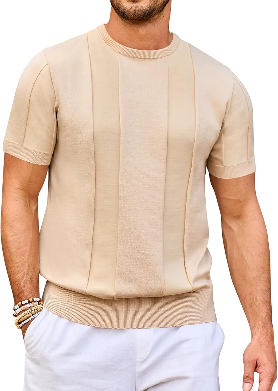 Beotyshow Men's T- Shirts Short Sleeve Knit Sweater Shirt Casual Crewneck Textured Pullover Tees
