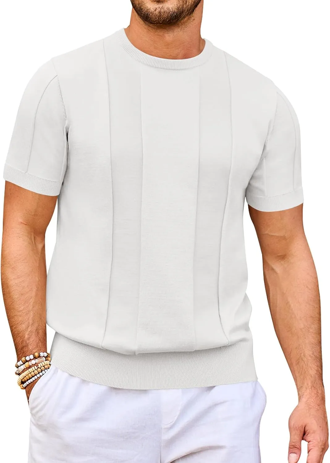 Beotyshow Men's T- Shirts Short Sleeve Knit Sweater Shirt Casual Crewneck Textured Pullover Tees