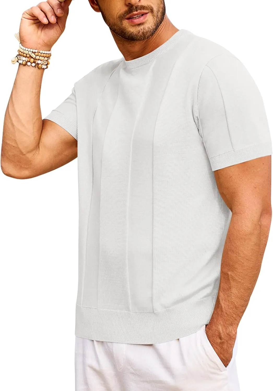 Beotyshow Men's T- Shirts Short Sleeve Knit Sweater Shirt Casual Crewneck Textured Pullover Tees