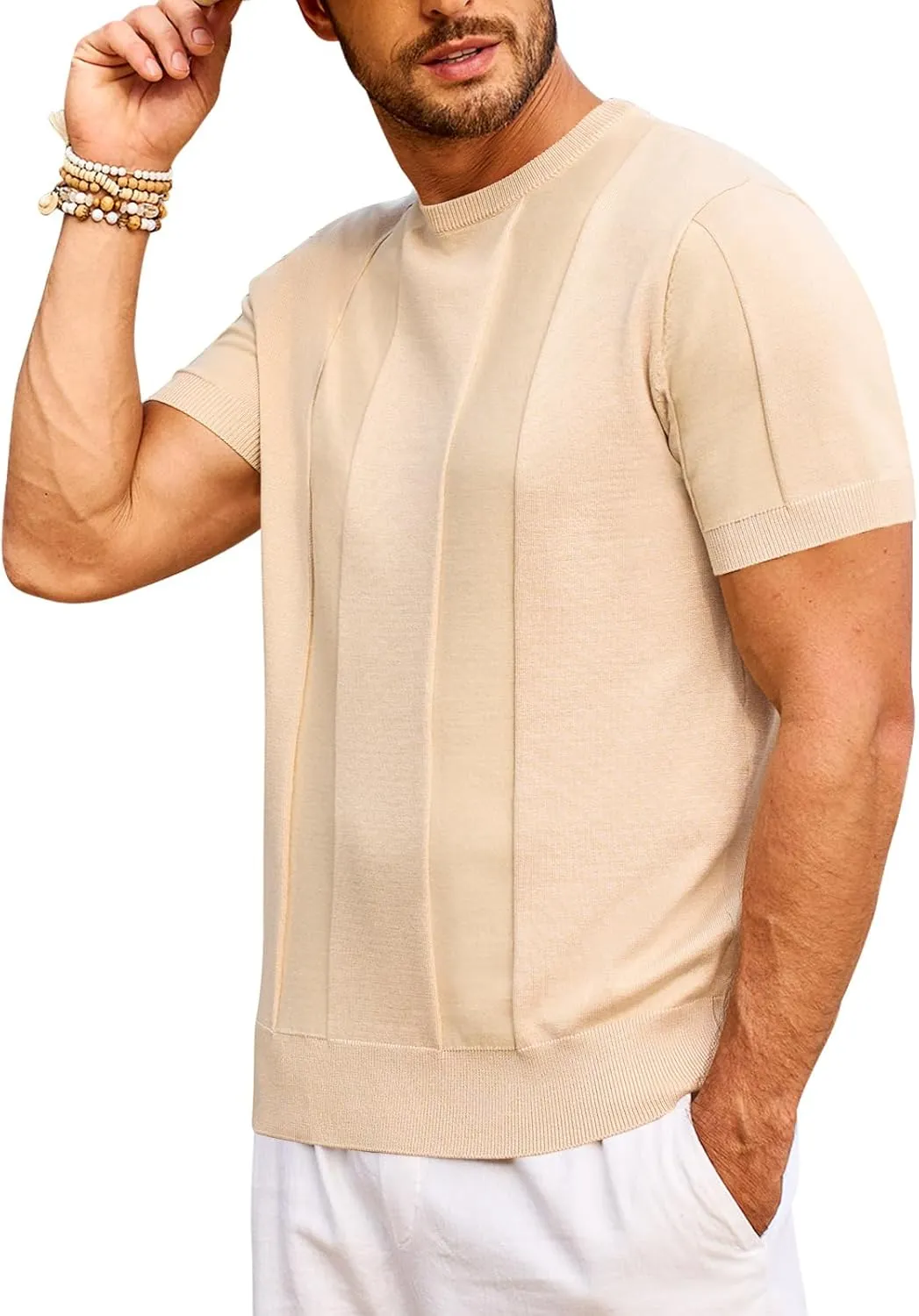 Beotyshow Men's T- Shirts Short Sleeve Knit Sweater Shirt Casual Crewneck Textured Pullover Tees