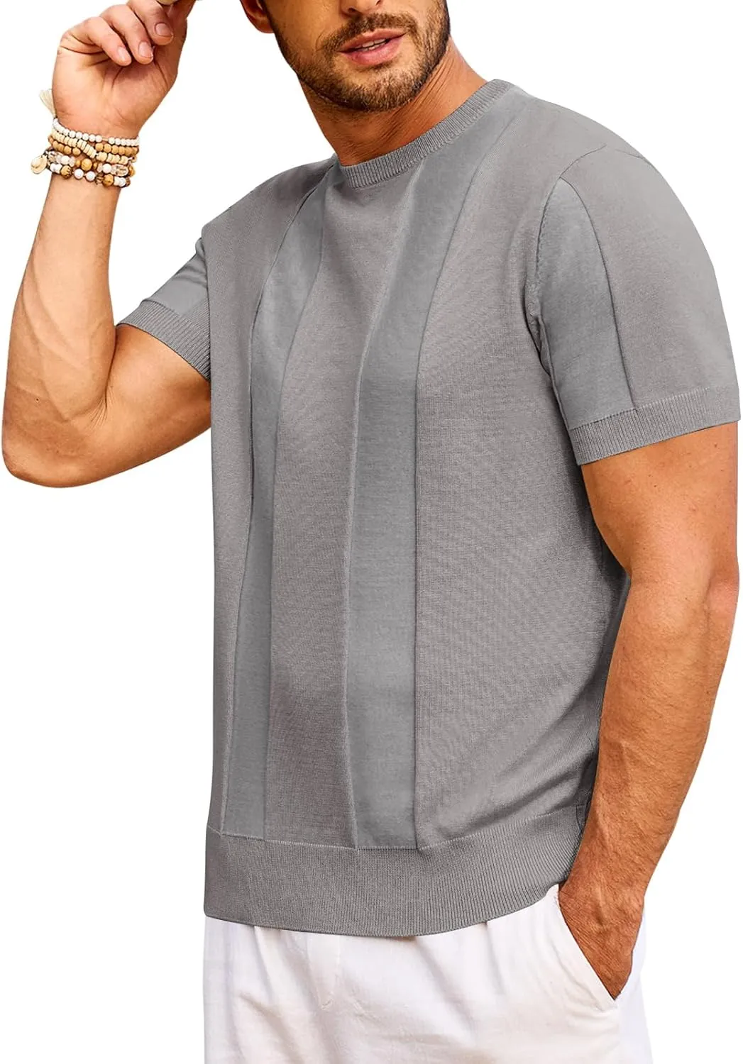 Beotyshow Men's T- Shirts Short Sleeve Knit Sweater Shirt Casual Crewneck Textured Pullover Tees