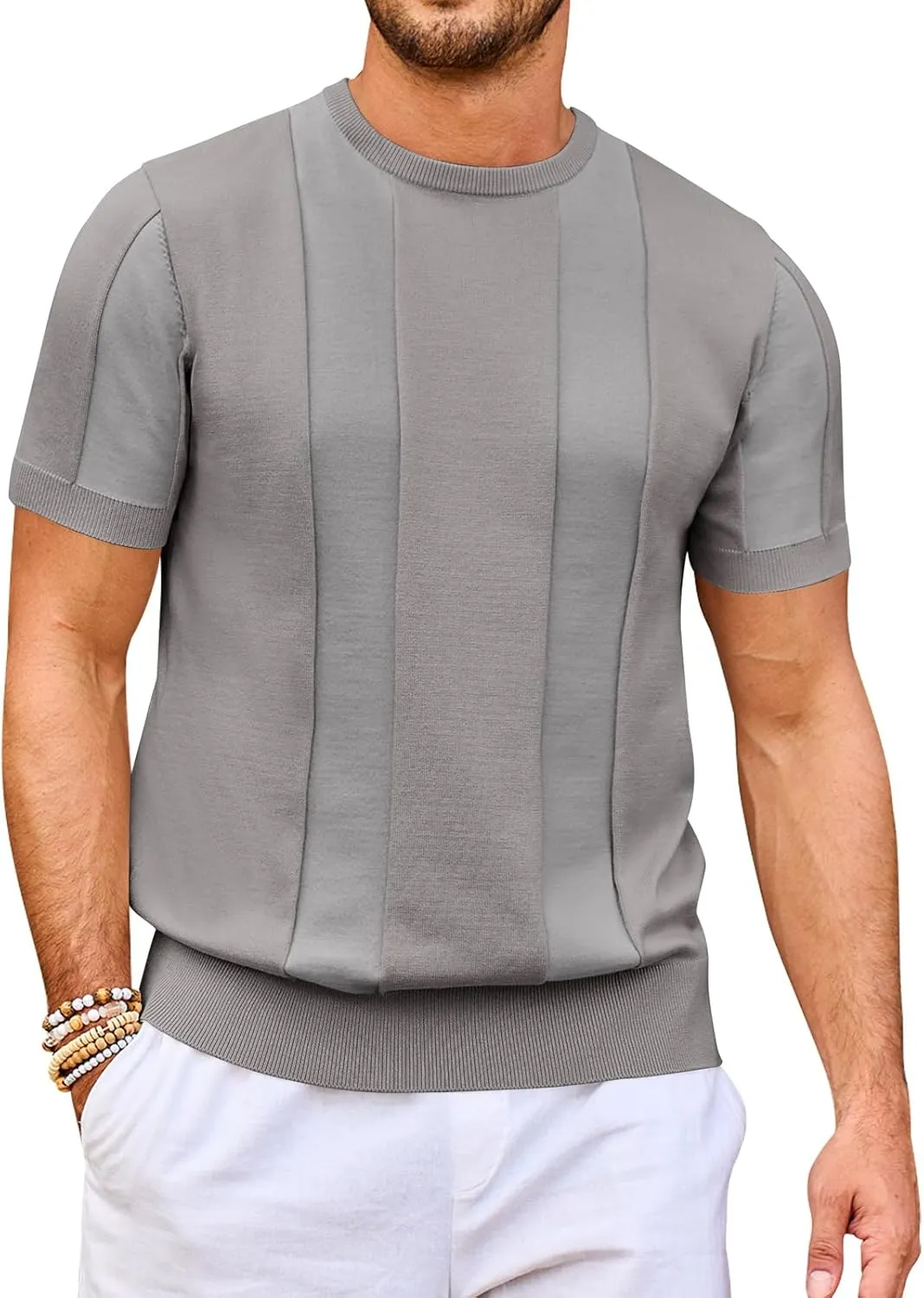 Beotyshow Men's T- Shirts Short Sleeve Knit Sweater Shirt Casual Crewneck Textured Pullover Tees
