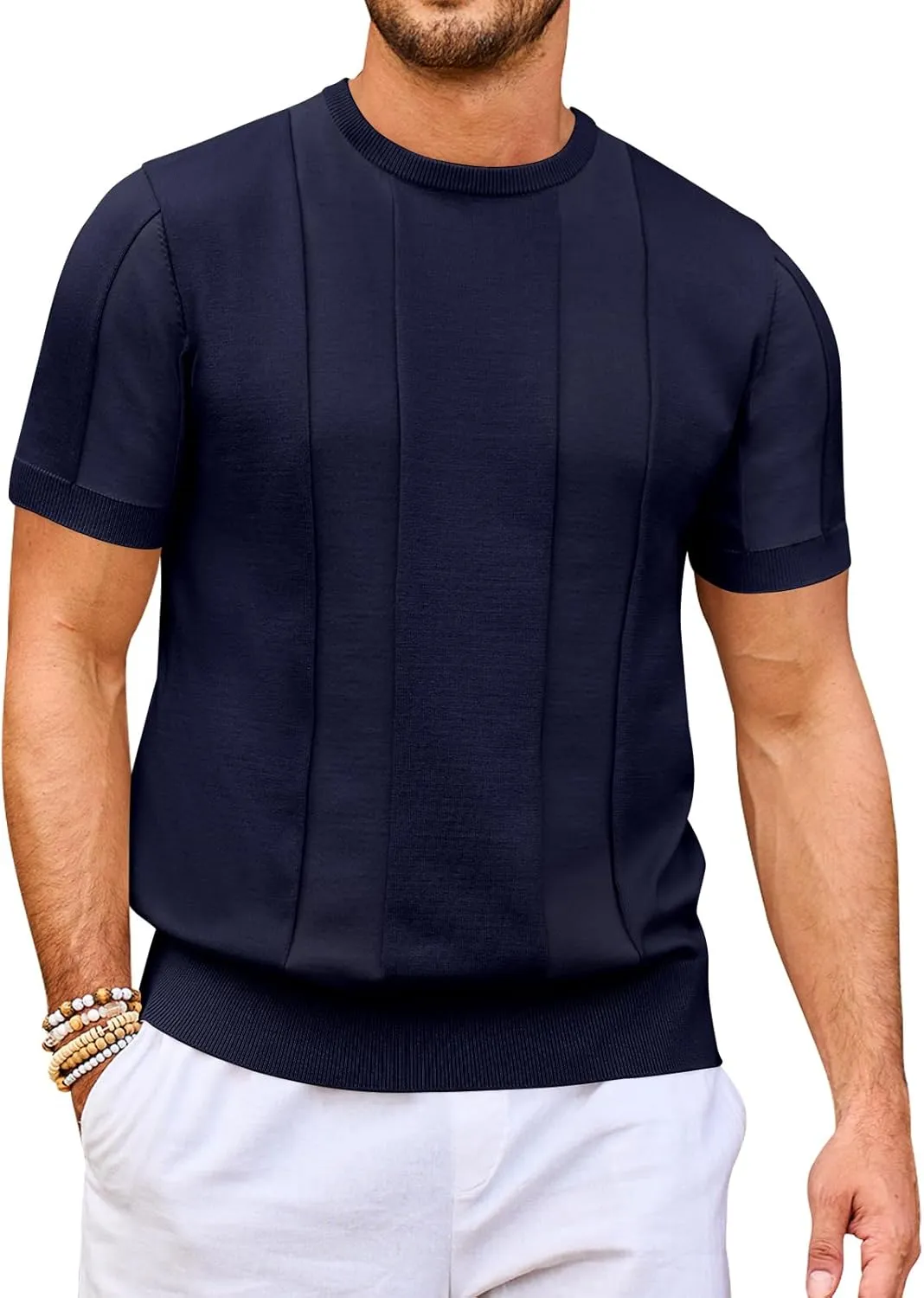 Beotyshow Men's T- Shirts Short Sleeve Knit Sweater Shirt Casual Crewneck Textured Pullover Tees