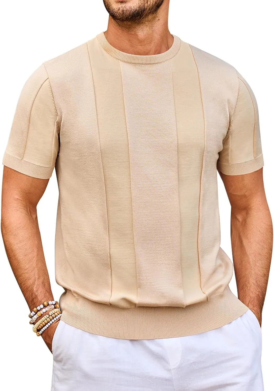 Beotyshow Men's T- Shirts Short Sleeve Knit Sweater Shirt Casual Crewneck Textured Pullover Tees