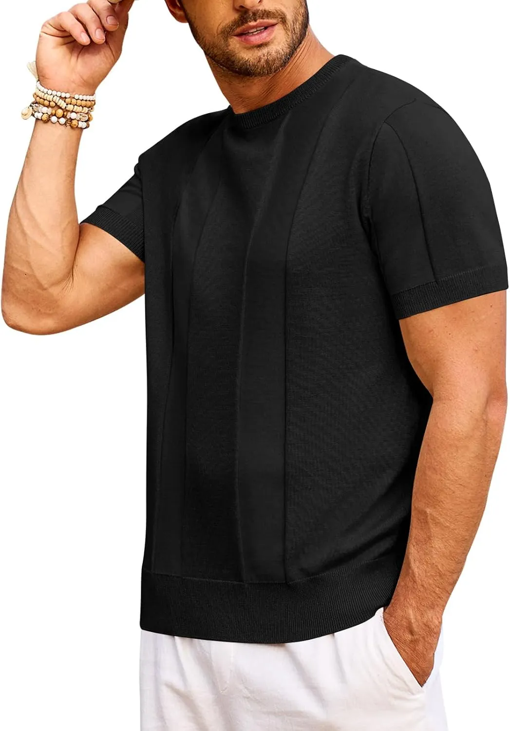 Beotyshow Men's T- Shirts Short Sleeve Knit Sweater Shirt Casual Crewneck Textured Pullover Tees