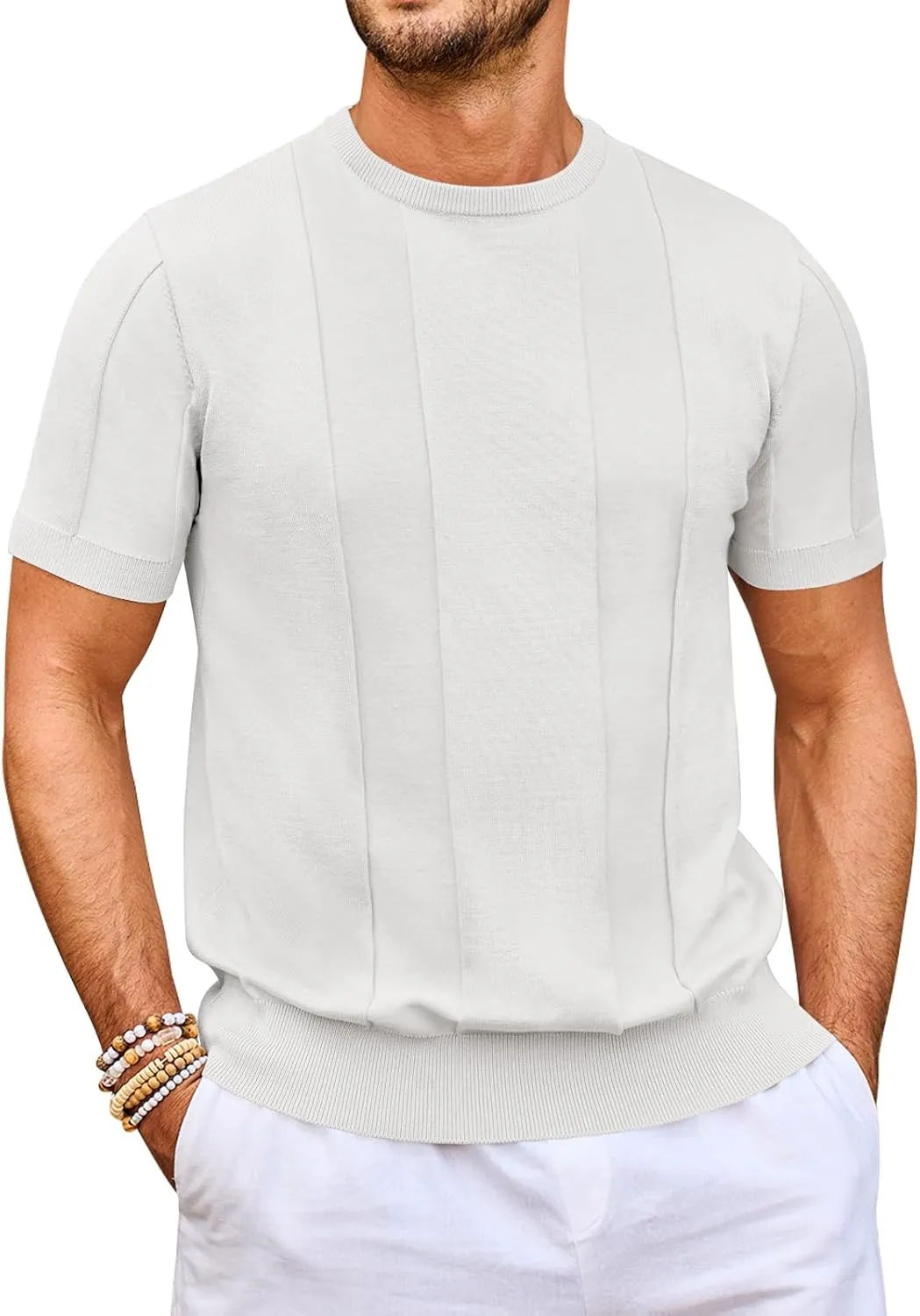 Beotyshow Men's T- Shirts Short Sleeve Knit Sweater Shirt Casual Crewneck Textured Pullover Tees