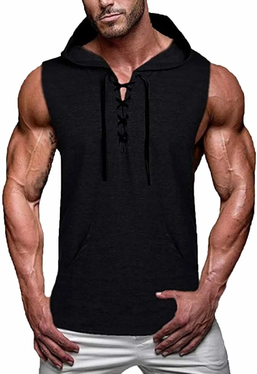 Big and Tall Sleeveless Hoodies for Men Men's Lace up Workout Hooded Tank Tops Training Fitness Sleeveless Hoodies