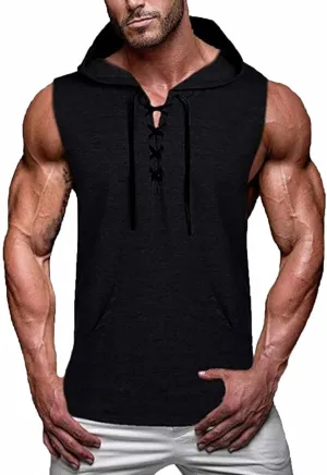 Big and Tall Sleeveless Hoodies for Men Men's Lace up Workout Hooded Tank Tops Training Fitness Sleeveless Hoodies