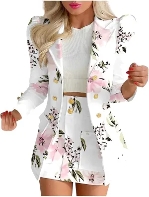 Blazer Sets Women 2 Piece Outfits Elegant Blazers Jackets Long Sleeve Cardigan Coat Pocket Shorts Skirt Suit