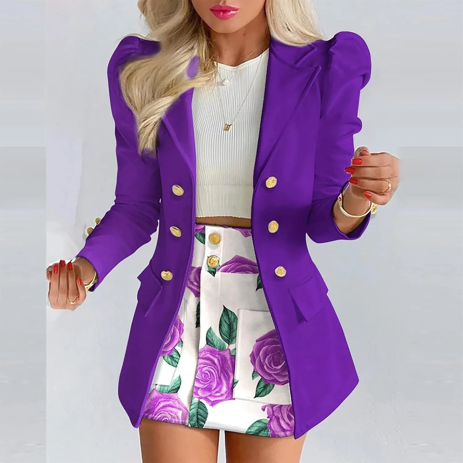 Blazer Sets Women 2 Piece Outfits Elegant Blazers Jackets Long Sleeve Cardigan Coat Pocket Shorts Skirt Suit