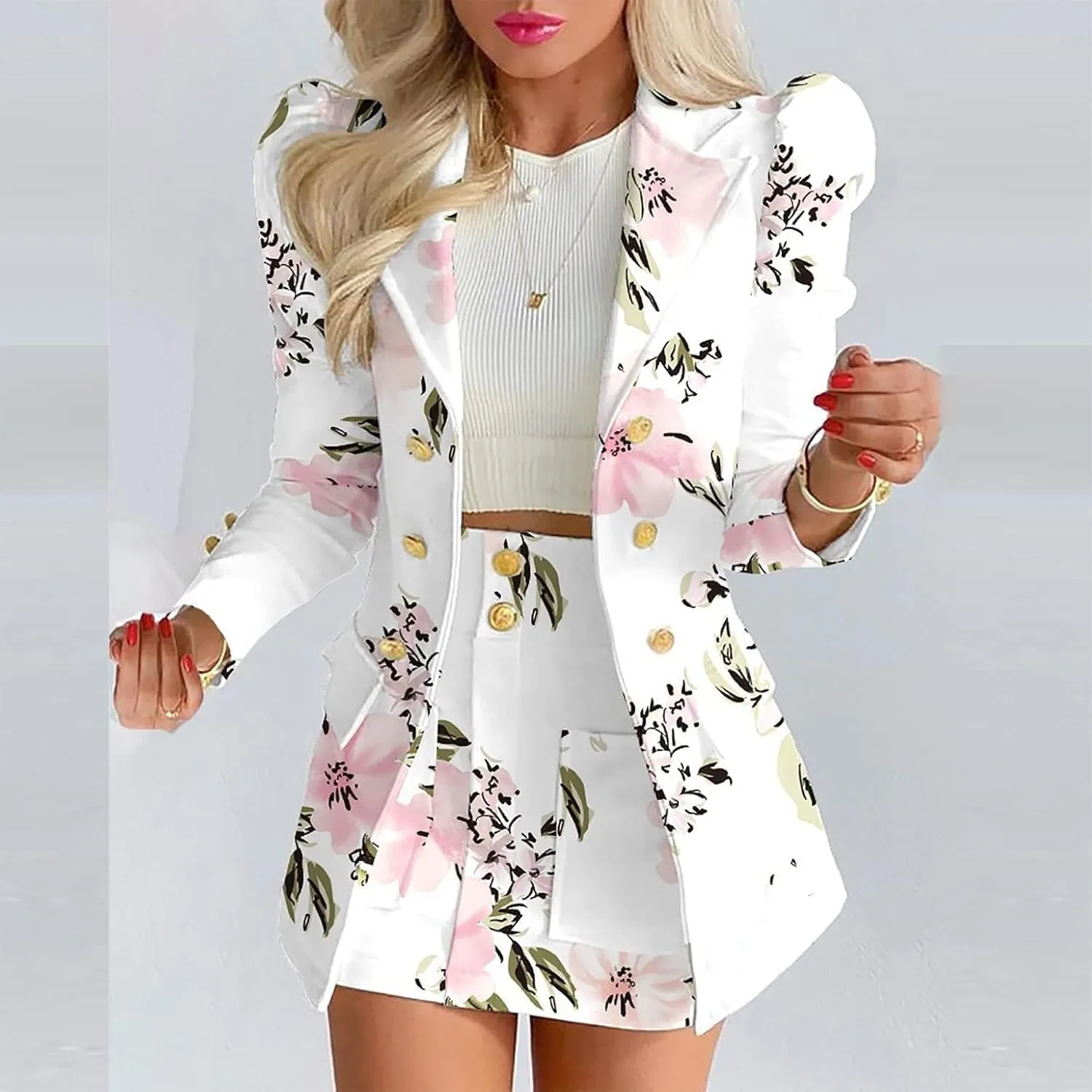 Blazer Sets Women 2 Piece Outfits Elegant Blazers Jackets Long Sleeve Cardigan Coat Pocket Shorts Skirt Suit