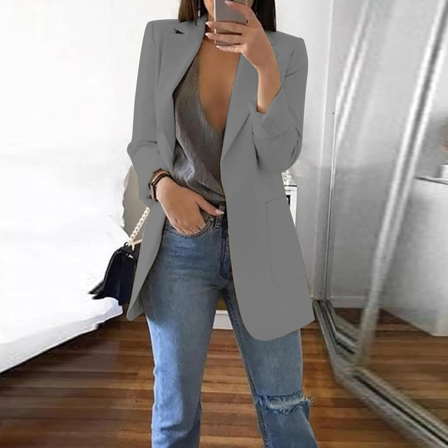 Blazers for Women 2024 Winter Open Front Long Sleeve Work Jackets Coat Business Casual Lapel Suit Jacket with Pocket