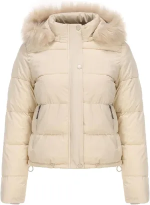 Canbebig Women's Faux Fur Collar Hooded Puffer Jacket Winter Short Zip Up Quilted Coat Warm Outwear with Zipper Fleece Lining