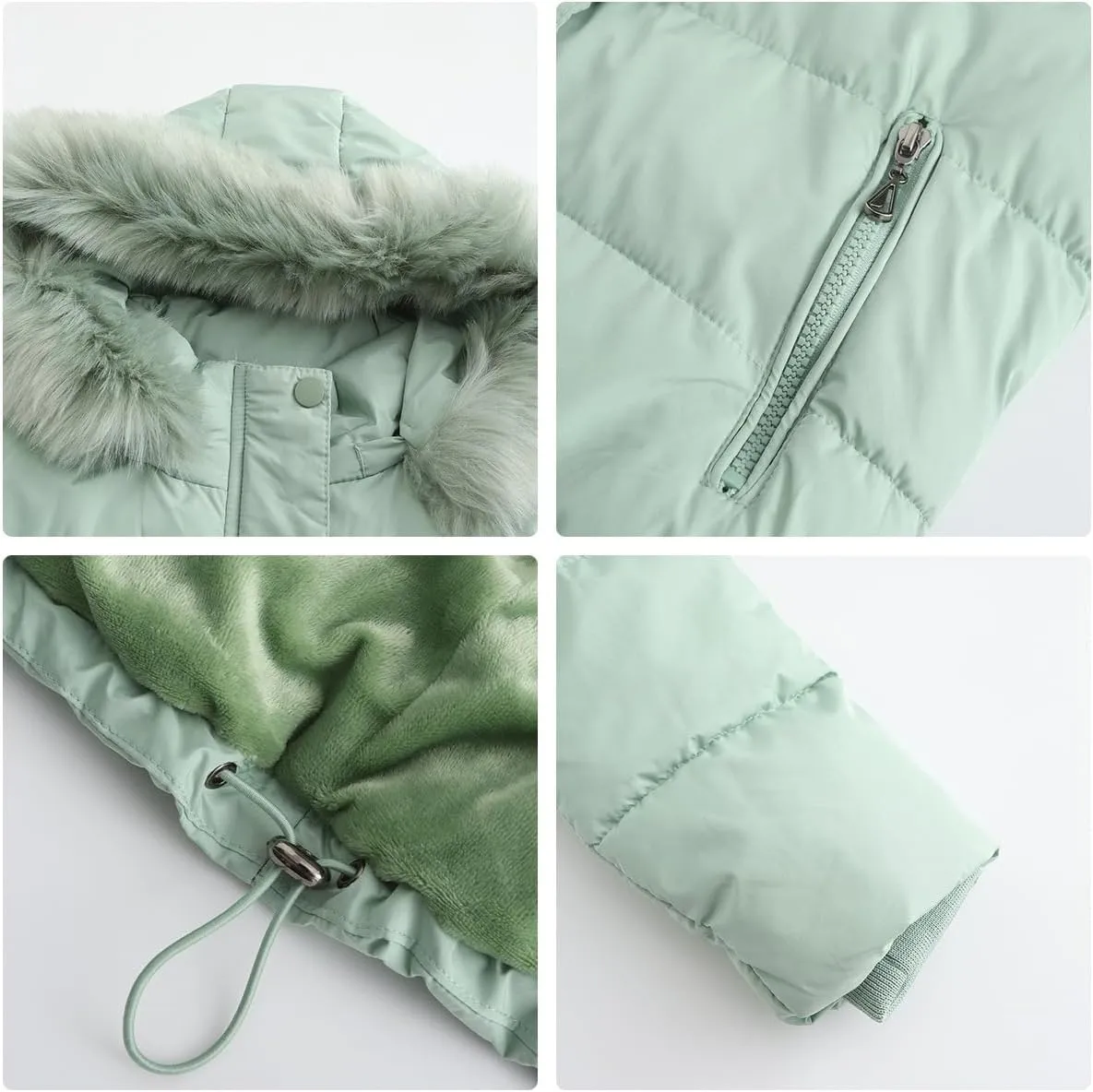 Canbebig Women's Faux Fur Collar Hooded Puffer Jacket Winter Short Zip Up Quilted Coat Warm Outwear with Zipper Fleece Lining