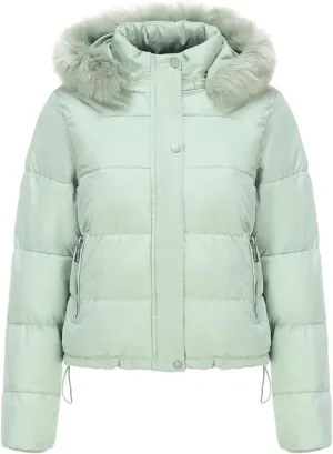 Canbebig Women's Faux Fur Collar Hooded Puffer Jacket Winter Short Zip Up Quilted Coat Warm Outwear with Zipper Fleece Lining