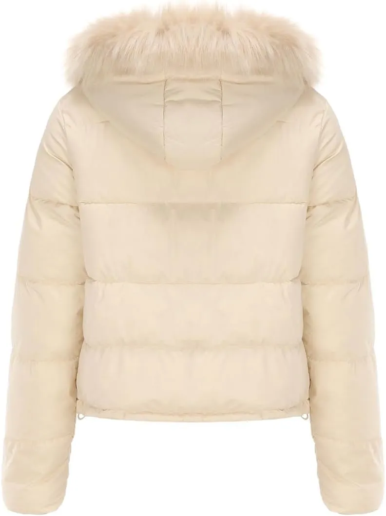 Canbebig Women's Faux Fur Collar Hooded Puffer Jacket Winter Short Zip Up Quilted Coat Warm Outwear with Zipper Fleece Lining