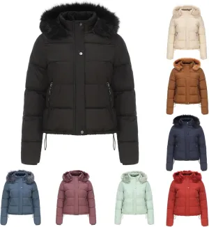 Canbebig Women's Faux Fur Collar Hooded Puffer Jacket Winter Short Zip Up Quilted Coat Warm Outwear with Zipper Fleece Lining