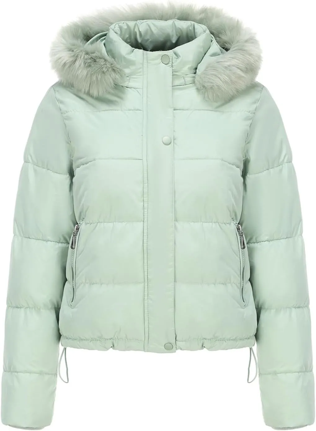 Canbebig Women's Faux Fur Collar Hooded Puffer Jacket Winter Short Zip Up Quilted Coat Warm Outwear with Zipper Fleece Lining