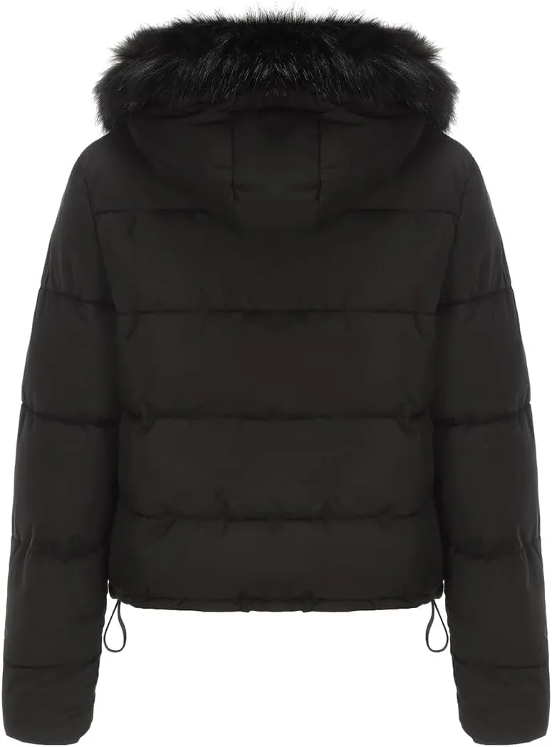 Canbebig Women's Faux Fur Collar Hooded Puffer Jacket Winter Short Zip Up Quilted Coat Warm Outwear with Zipper Fleece Lining