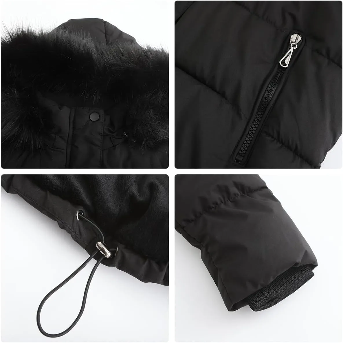 Canbebig Women's Faux Fur Collar Hooded Puffer Jacket Winter Short Zip Up Quilted Coat Warm Outwear with Zipper Fleece Lining