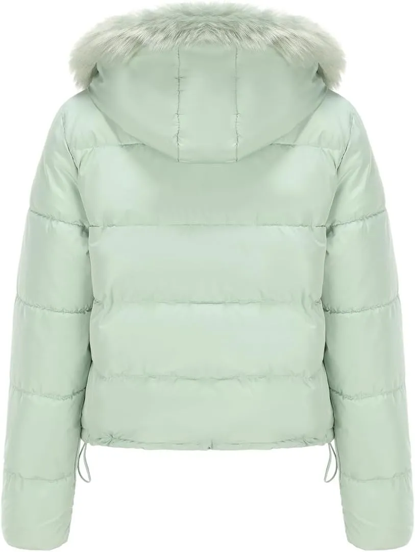 Canbebig Women's Faux Fur Collar Hooded Puffer Jacket Winter Short Zip Up Quilted Coat Warm Outwear with Zipper Fleece Lining