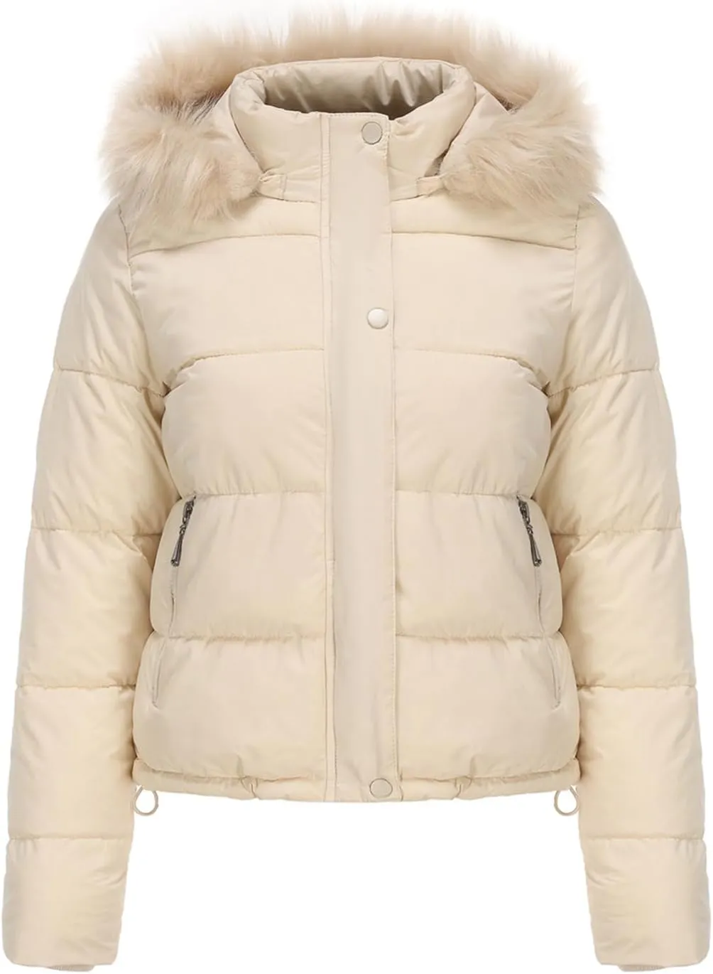 Canbebig Women's Faux Fur Collar Hooded Puffer Jacket Winter Short Zip Up Quilted Coat Warm Outwear with Zipper Fleece Lining