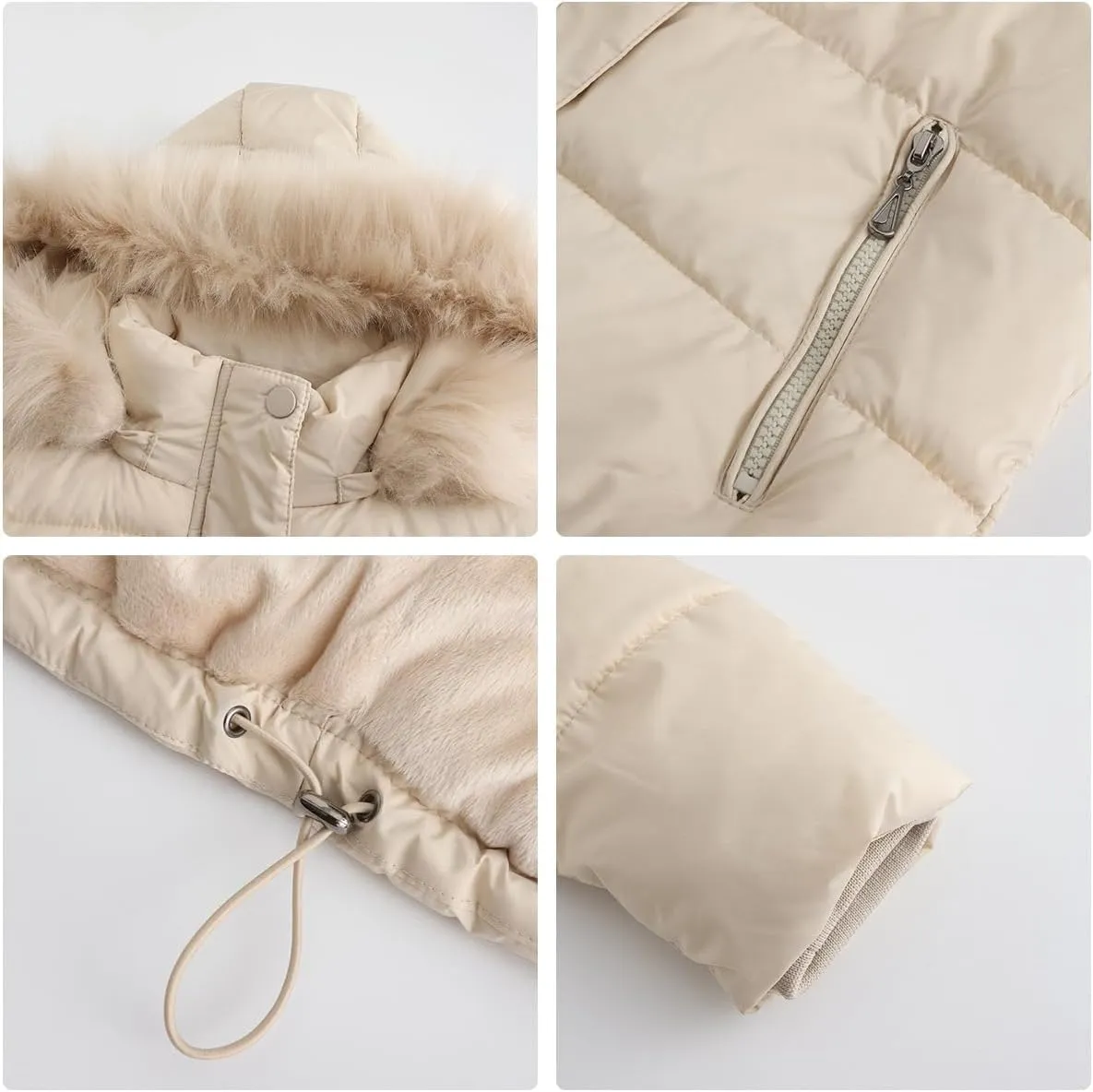 Canbebig Women's Faux Fur Collar Hooded Puffer Jacket Winter Short Zip Up Quilted Coat Warm Outwear with Zipper Fleece Lining