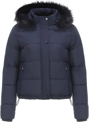 Canbebig Women's Faux Fur Collar Hooded Puffer Jacket Winter Short Zip Up Quilted Coat Warm Outwear with Zipper Fleece Lining