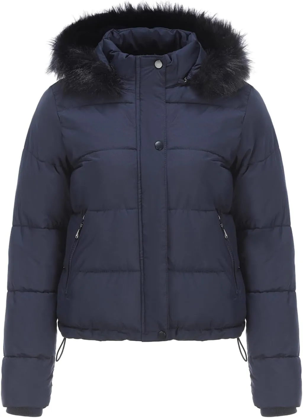 Canbebig Women's Faux Fur Collar Hooded Puffer Jacket Winter Short Zip Up Quilted Coat Warm Outwear with Zipper Fleece Lining
