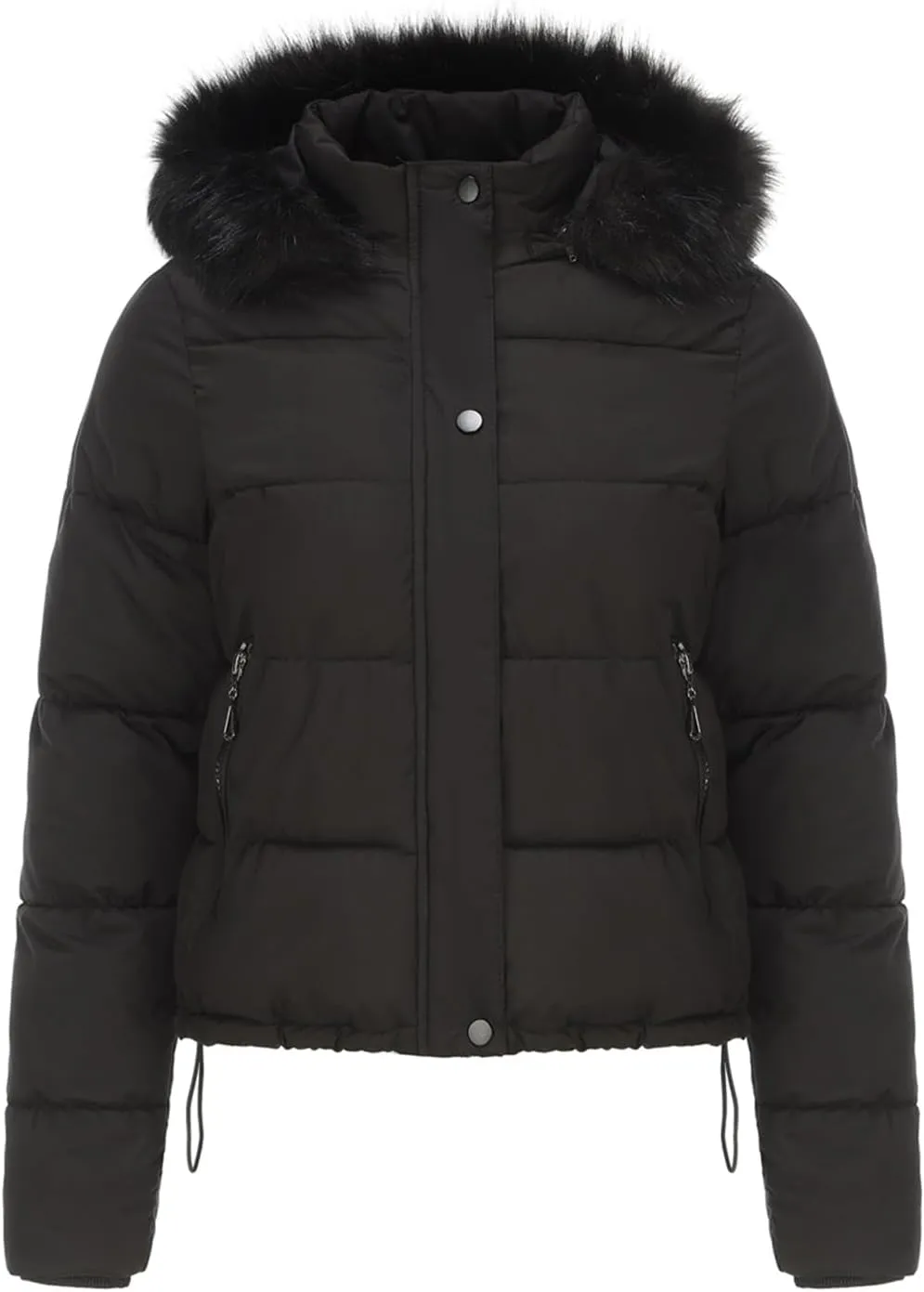Canbebig Women's Faux Fur Collar Hooded Puffer Jacket Winter Short Zip Up Quilted Coat Warm Outwear with Zipper Fleece Lining