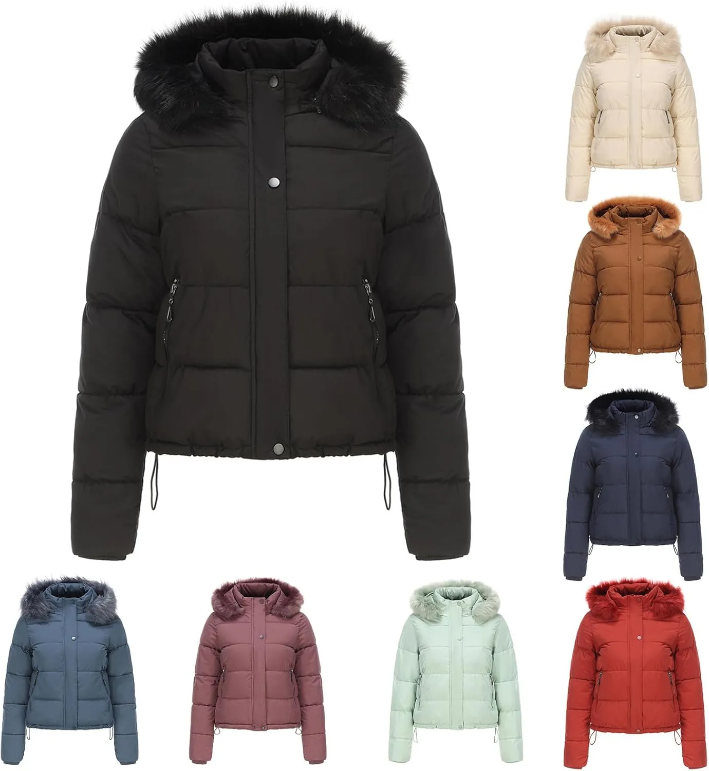 Canbebig Women's Faux Fur Collar Hooded Puffer Jacket Winter Short Zip Up Quilted Coat Warm Outwear with Zipper Fleece Lining