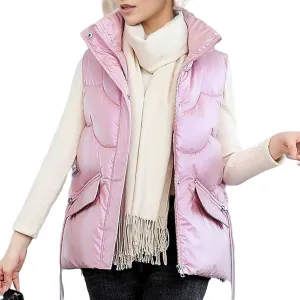 Canbebig Womens Quilted Vest Puffer Sleeveless Jacket Winter Stand Collar Zip Padded Gilet Coat with Lapel Drawstring Pocket