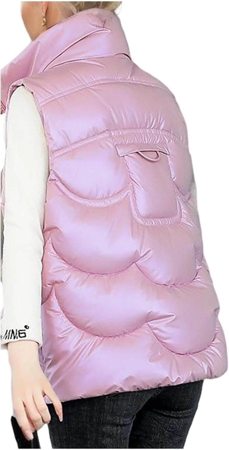Canbebig Womens Quilted Vest Puffer Sleeveless Jacket Winter Stand Collar Zip Padded Gilet Coat with Lapel Drawstring Pocket