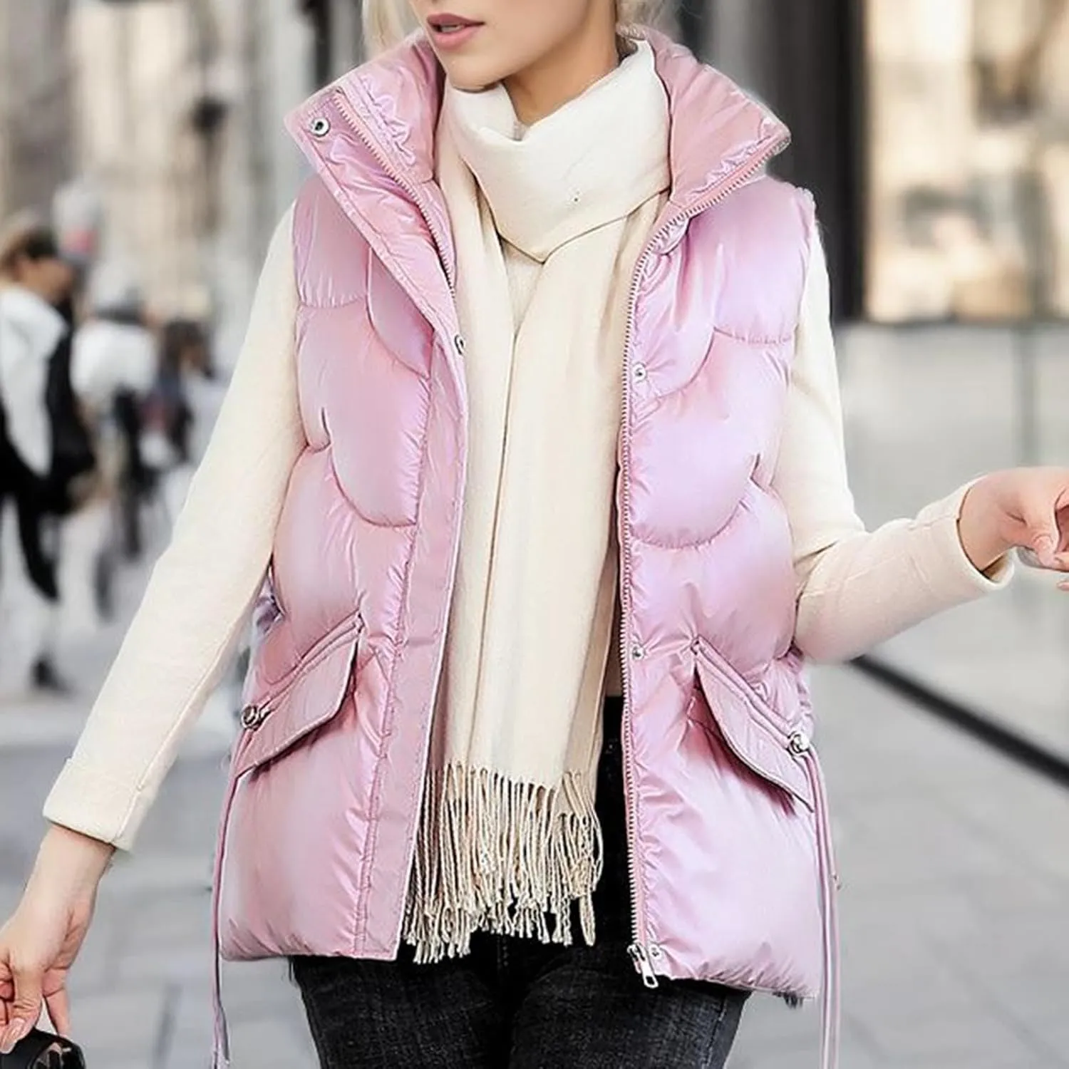 Canbebig Womens Quilted Vest Puffer Sleeveless Jacket Winter Stand Collar Zip Padded Gilet Coat with Lapel Drawstring Pocket
