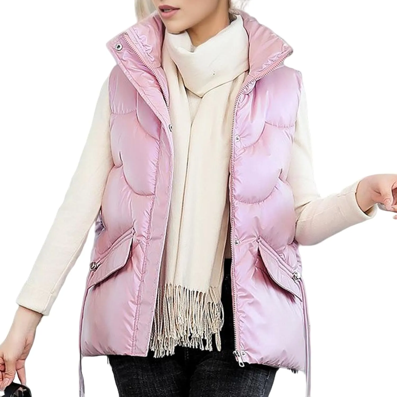 Canbebig Womens Quilted Vest Puffer Sleeveless Jacket Winter Stand Collar Zip Padded Gilet Coat with Lapel Drawstring Pocket