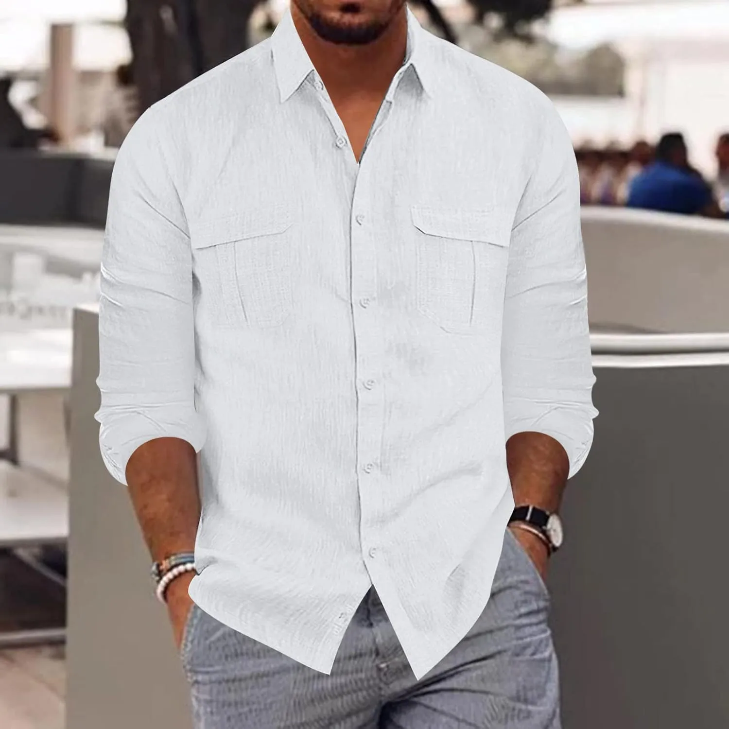 Cargo Shirts for Men Construction Work Shirts Button Up UV Long Sleeve Sun Protection Tactical Hiking Fishing Shirt