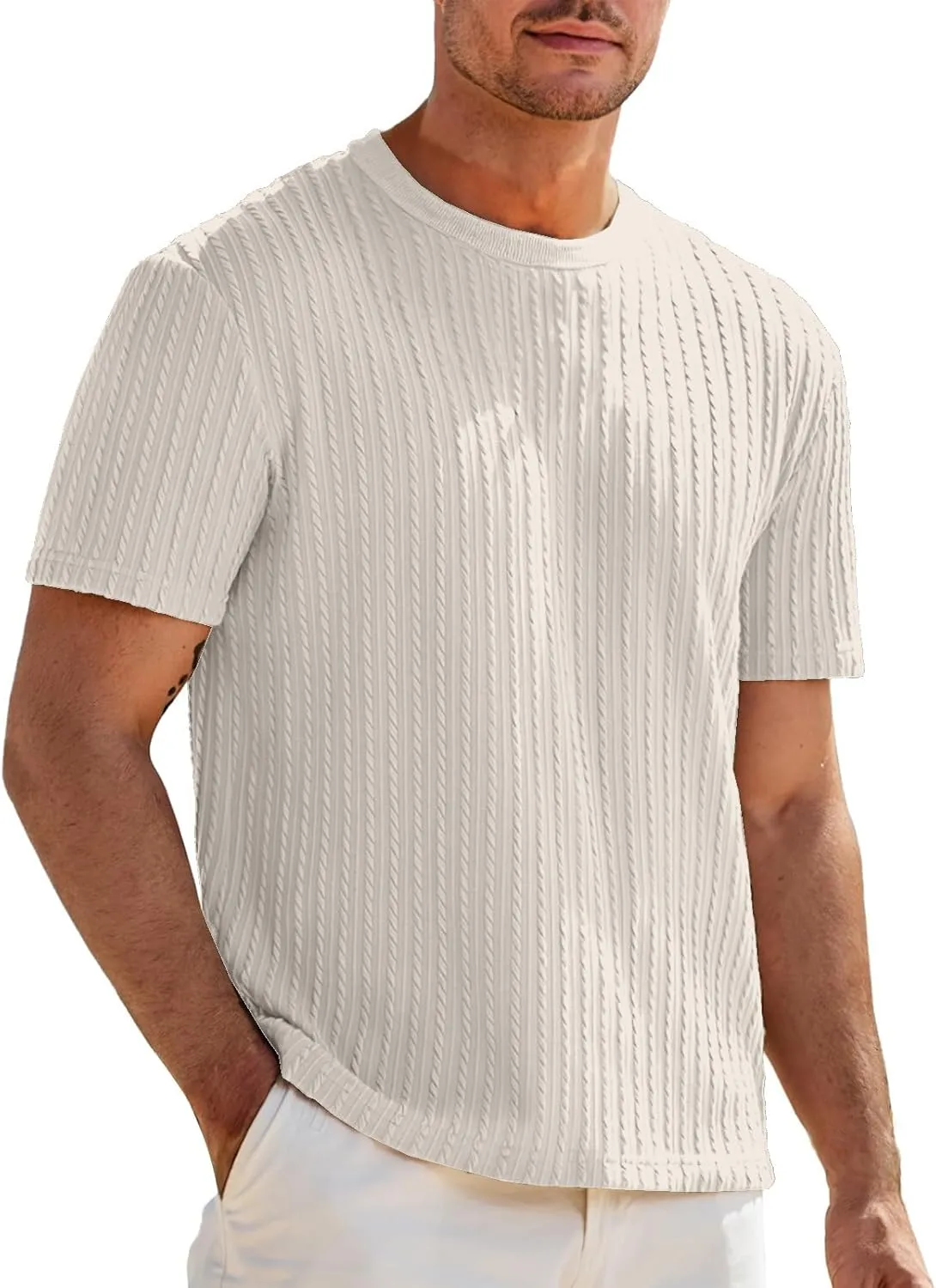 Casual Pullover T-Shirts for Men Knitted Jacquard Textured Shirt Round Neck Short Sleeve Tops Summer Cooling Fit Tees