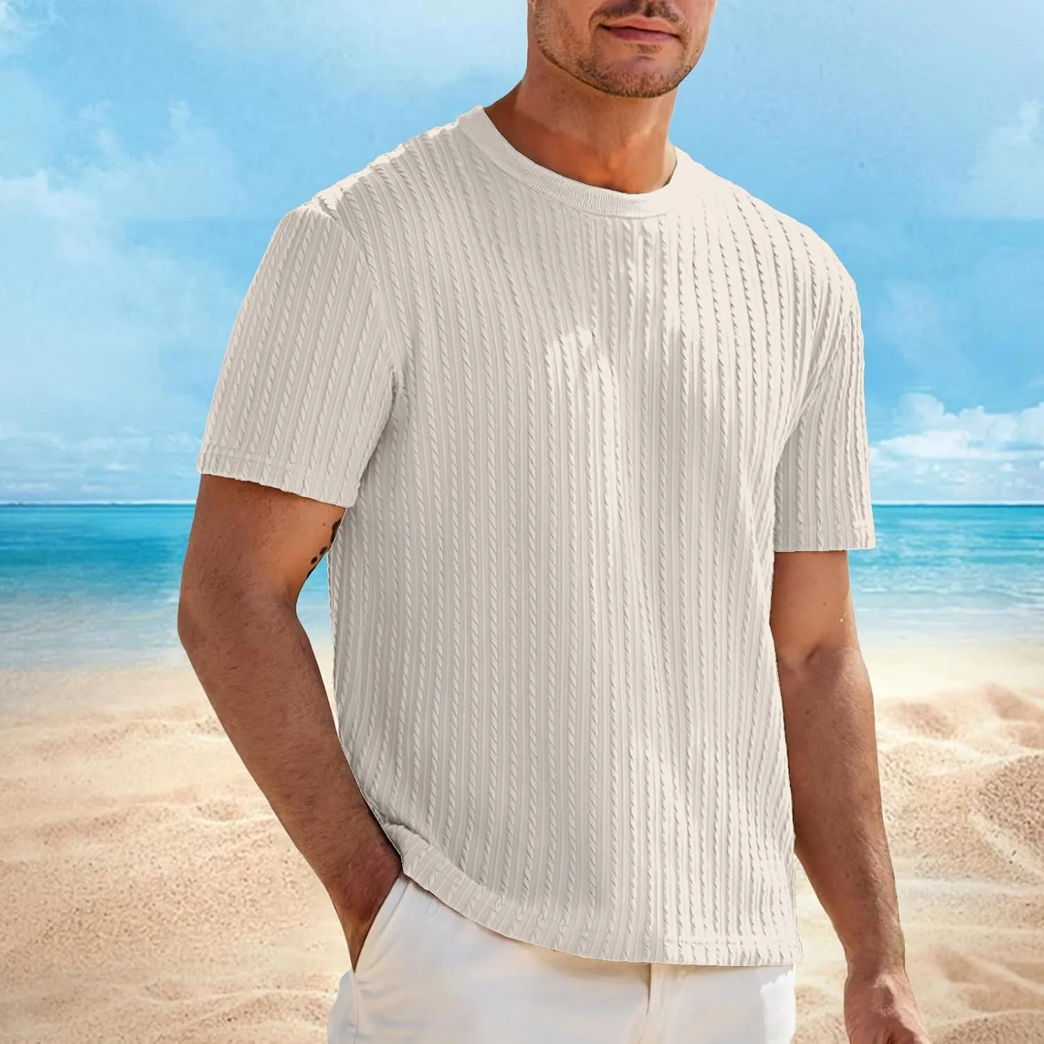 Casual Pullover T-Shirts for Men Knitted Jacquard Textured Shirt Round Neck Short Sleeve Tops Summer Cooling Fit Tees