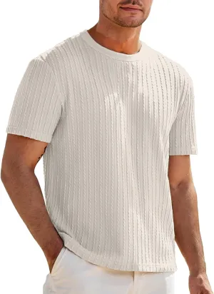 Casual Pullover T-Shirts for Men Knitted Jacquard Textured Shirt Round Neck Short Sleeve Tops Summer Cooling Fit Tees