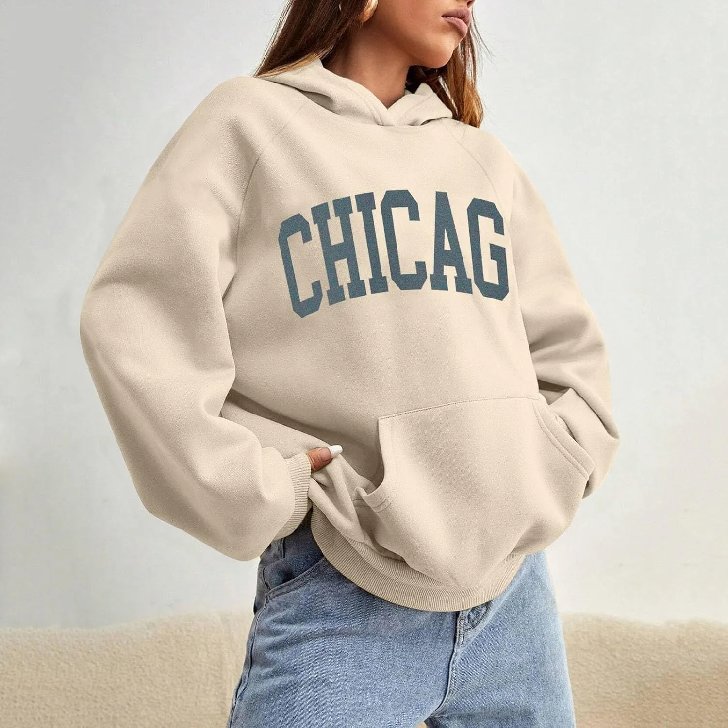 Chicago Hoodies for Women Cozy Sweatshirt Y2K Crewneck Long Sleeve Pullover Oversized Hoodie with Pockets