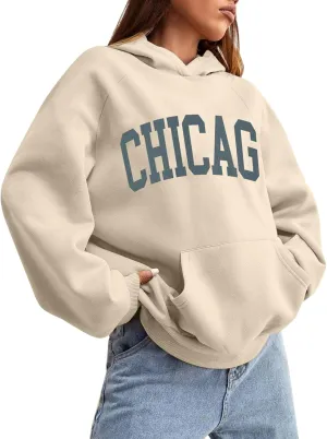 Chicago Hoodies for Women Cozy Sweatshirt Y2K Crewneck Long Sleeve Pullover Oversized Hoodie with Pockets